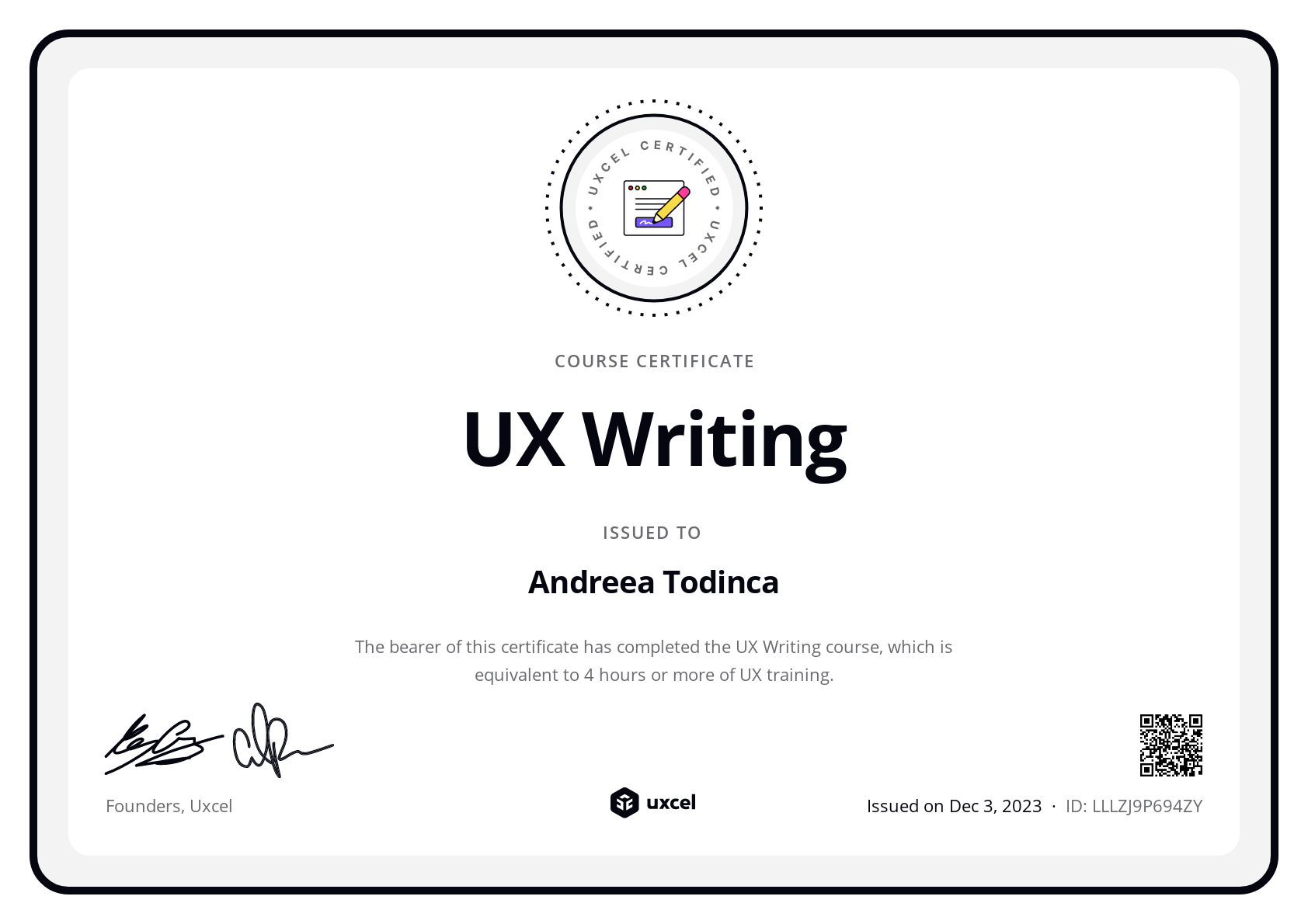 Andreea Todinca's certificate